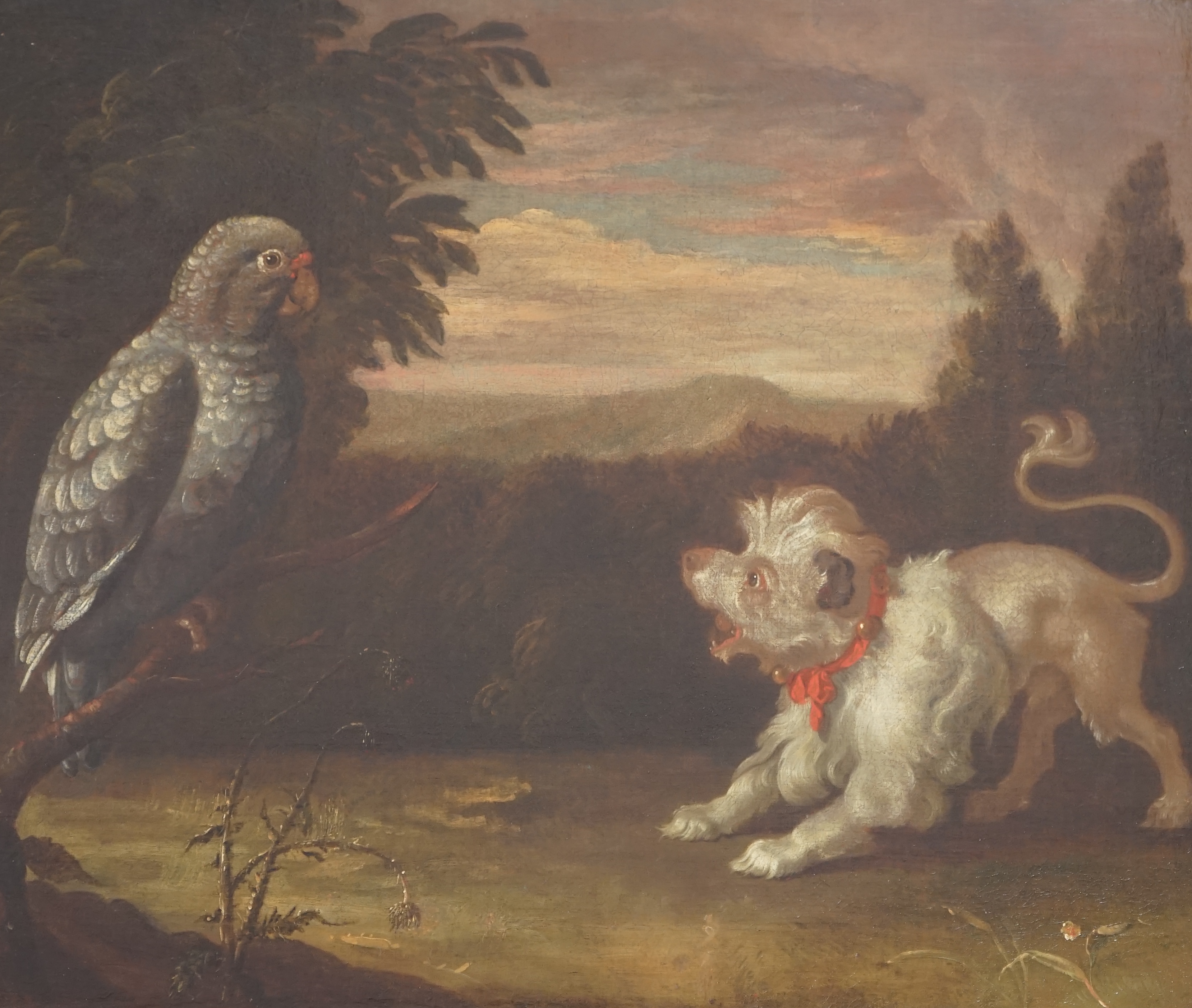 Circle of Francis Barlow (British, 1624-1724), Lion-dog and a grey parrot in landscape, oil on canvas, 62 x 74cm